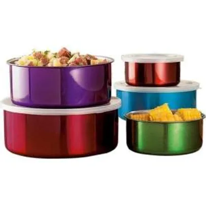 [Sou Barato] Conjunto de Tigelas Inox Coloridas com Tampa 5 Peças por R$ 19