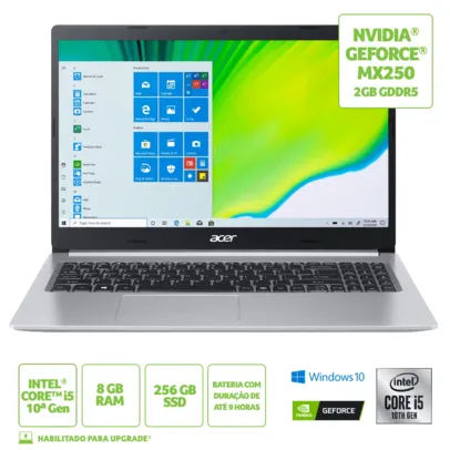 Notebook Acer Aspire 5 A515-54g-53gp, Core I5, 8gb Ram, 256gb Ssd, 15,6&quot;, Nvdia Geforce Mx250, Prata