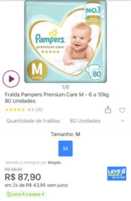 (Cliente Ouro) (6 pacotes) Fralda Pampers Premium Care M - 6 a 10kg 80 Unidades | R$334