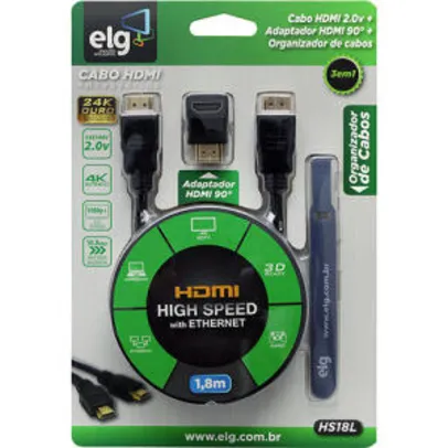 [Ame 50%] Kit HDMI - Cabo HDMI High Speed 1,8m + Adaptador HDMI 90° + Organizador Velcro - Hs18l - ELG| R$40