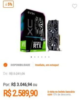 Placa de Vídeo EVGA NVIDIA GeForce RTX 2070 XC Black Edition Gaming 8GB, GDDR6 R$2589