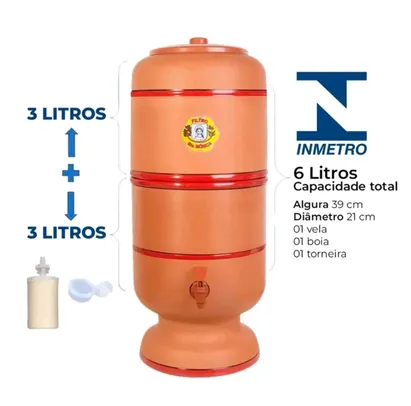 Filtro de Barro Santa Mônica - Capacidade Total 6 Litros ( 03 litros em cima + 03 litros embaixo )