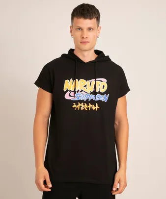 Camiseta de Algodão Naruto com Capuz Manga Curta Preta