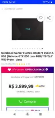 [CC Sub/AME R$ 3079] Notebook Gamer F570ZD-DM387T Ryzen 5 8GB R$ 3499