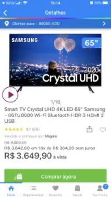Smart TV Crystal UHD 4K LED 65” Samsung - 65TU8000 Wi-Fi Bluetooth HDR 3 HDMI 2 USB R$3650