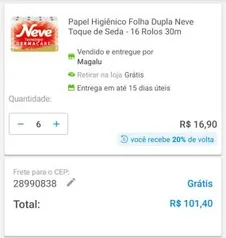 [20% de volta] 6 pacotes Papel higiênico folha dupla toque de seda 16 Rolos - 30M - R$81