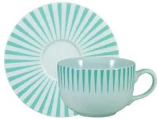 Estojo com 6 xícaras de café com pires. Modelo redondo aba larga. Decoração sol verde pastel. Fabricado pela porcelana schmidt. | R$ 44