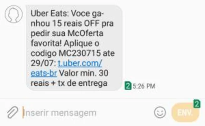 R$15 OFF na McOferta no Uber Eats
