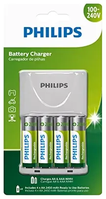 Carregador Philips de pilha recarregável AA e AAA inclui 4 pilhas AA 2.450mAh