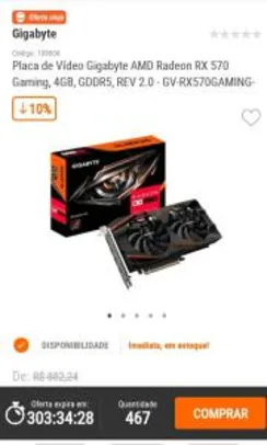 Placa de Vídeo Gigabyte AMD Radeon RX 570 Gaming, 4GB, GDDR5, REV 2.0 | R$669