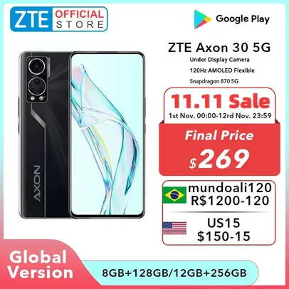 SMARTPHONE ZTE AXON 30 5G SNAPDRAGON 870 8 GB + 128GB TELA 6.92 AMOLED 120HZ