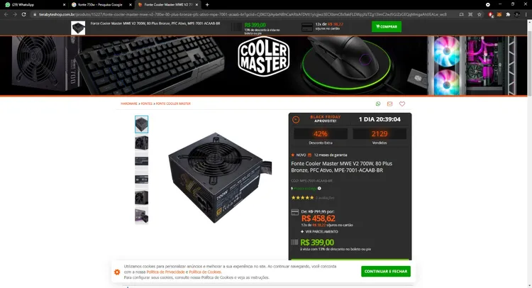 Fonte Cooler Master MWE V2 700W, 80 Plus Bronze, PFC Ativo, MPE-7001-ACAAB-BR