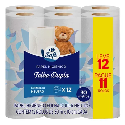 (Regional) Papel Higiênico Folha Dupla Neutro 30 Metros Carrefour Soft Leve 12 Pague 11 Unidades