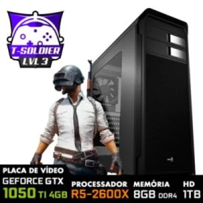 PC GAMER T-SOLDIER LVL-3 AMD RYZEN 5 2600X 3.6GHZ / GEFORCE GTX 1050 TI 4GB / 8GB DDR4 / HD 1TB / GAB AEROCOOL AERO 500 PRETO - R$3003