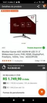 Saindo por R$ 1749,9: Monitor Gamer AOC AGON W-LED 31.5´ Widescreen Curvo, FHD, HDMI, DisplayPort, FreeSync, 165Hz, 1ms | Pelando