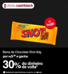 [30% AME R$4,20] Barra de Chocolate Shot Ao Leite Lacta 90g | R$6