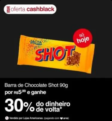[30% AME R$4,20] Barra de Chocolate Shot Ao Leite Lacta 90g | R$6