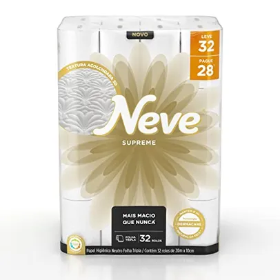 [R$ 1,43/rolo] Neve Papel Higiênico Supreme Folha Tripla, 20m, Leve 32 Pague 28 Rolos