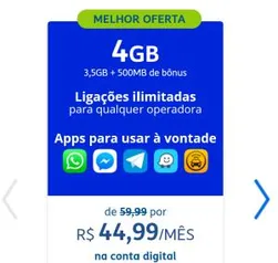 TIM Controle 4GB por 44,90* + apps ilimitados + Deezer + ligações p/ qualquer operadora