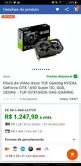 Placa de Vídeo Asus TUF Gaming NVIDIA GeForce GTX 1650 Super OC, 4GB, GDDR6 - TUF-GTX1650S-O4G-GAMING