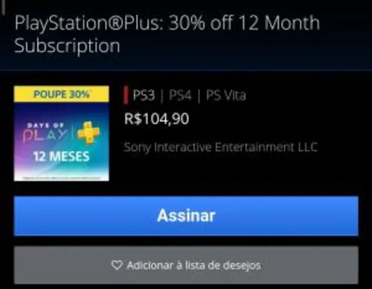 Playstation plus 1 ano - Ps4 e PS3/Psvita R$105 na Playstation store