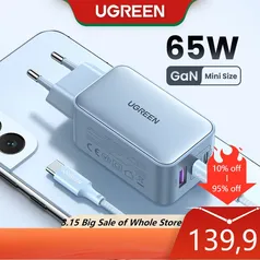 Carregador Ugreen 45W GaN Compatível Com MacBook Pro/Air Dell XPS iPhone 14, ANDROID 