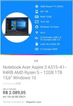 Notebook Acer Aspire 3 A315-41-R4RB AMD Ryzen 5 - 12GB 1TB 15,6” W10 - R$2089