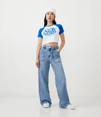 Calça Wide Leg Cintura em Jeans com Bolsos Azul Médio