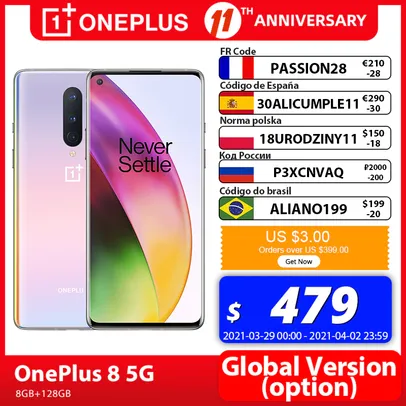 Smartphone OnePlus 8 5G Global FHD+ 8GB 128GB | R$2.946