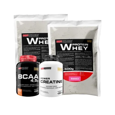 Kit 2x Whey Protein 500g, BCAA 100g Tangerina, Power Creatina 100g - Bodybuilders