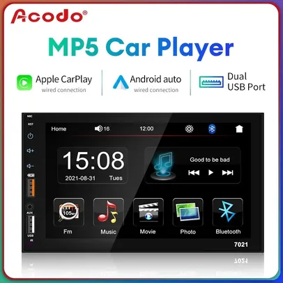 [Taxa Inclusa] Multimídia de Carro com Câmera USB dupla, 7 Polegadas, Tela Capacitiva Full Touch, Suporte Carplay e Android Auto, Bluetooth