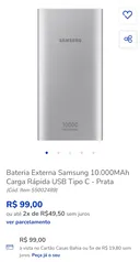 Bateria Externa Samsung 10.000MAh Carga Rápida USB Tipo C - Prata