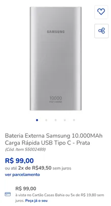 Bateria Externa Samsung 10.000MAh Carga Rápida USB Tipo C - Prata