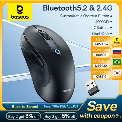 Mouse Sem Fio BASEUS F02 com Bluetooth 5.2, 2.4G, 4000DPI e com Botões Laterais