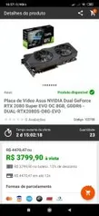 Placa de Vídeo Asus NVIDIA Dual GeForce RTX 2080 Super EVO OC 8GB, GDDR6 - R$3800