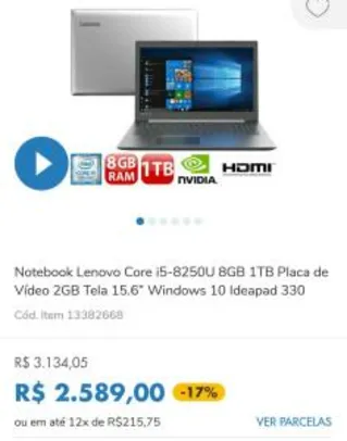 Notebook Lenovo Core i5-8250U 8GB 1TB Placa de Vídeo 2GB Tela 15.6” Windows 10 Ideapad 330 por R$ 2589