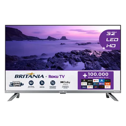 Smart TV Britânia 32 Polegadas HD LED Dolby Áudio Roku TV 3 HDMI 2 USB BTV32G7PR2CSGBLH