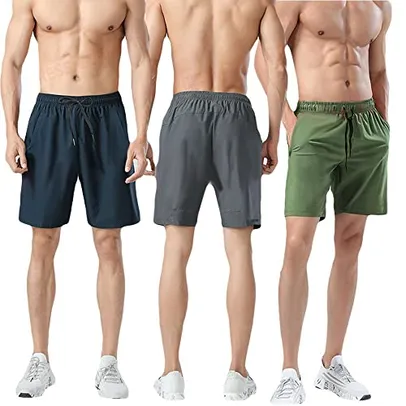 [PRIME] Kit 3 Short Masculina Bermuda Lisa de Academia e Corrida - Azul/Verde/Cinza Claro/G