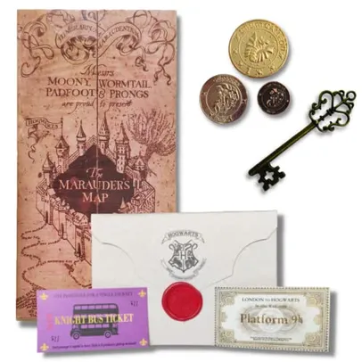 (PRIME) Kit Gringotes Harry Potter: Mapa do Maroto + Carta Hogwarts + Galeões + Chave + Tickets