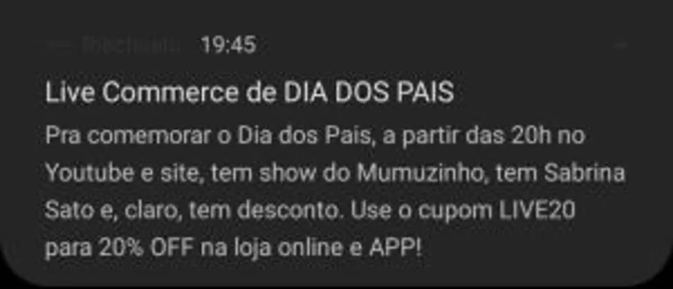 20% OFF no site e APP da Riachuelo