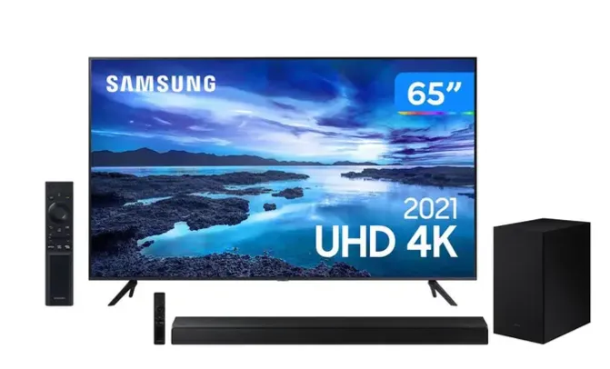 Smart TV 65” Crystal 4K Samsung 65AU7700 Wi-Fi HDR - Alexa Built in + Soundbar Samsung HW-A555/ZD 410W