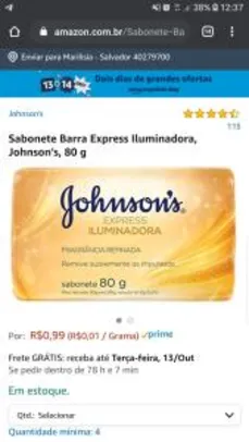 Sabonete Barra Express Iluminadora, Johnson's, 80 g