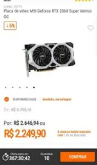 Placa de vídeo MSI Geforce RTX 2060 Super Ventus OC- R$2025