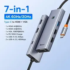 [Com Taxa/Gpay R$62] Hub USB C Baseus 7 in 1 C/ 2HDMI 4K + 1VGA HD  + 3USB3.0 + USB C 100W PD 