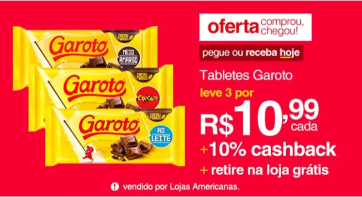 3 barras de chocolate Garoto + Cashback 
