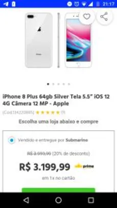 iPhone 8 Plus 64gb Silver Tela 5.5” iOS 12 4G Câmera 12 MP - Apple por R$ 3200