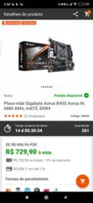 Placa-mãe gigabyte aorus B450- AMD | R$730
