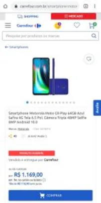 Smartphone Motorola Moto G9 Play 64GB Azul Safira 4G Tela 6.5" R$1169