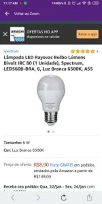 Lâmpada LED Rayovac Bulbo Lúmens Bivolt IRC 80 (1 Unidade), Spectrum, LED560B-BRA, 6, Luz Branca | R$9