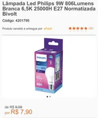 Lâmpada Led Philips 9W Branca 6,5K - R$8